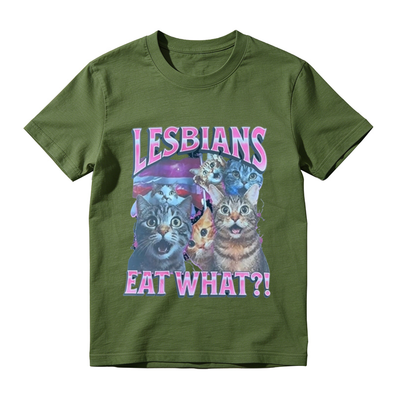 Funny Lesbians Eat What?! Retro Cat Graphic Tee Vintage Aesthetic Unisex T-Shirt