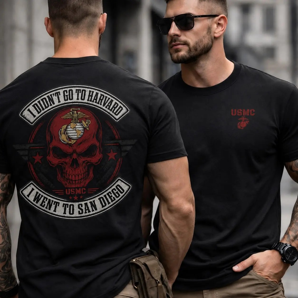Men's USMC San Diego Marine Corps Graphic T-Shirt - Streetwear Apparel,  Front & Back Skull Design, Veteran Gift