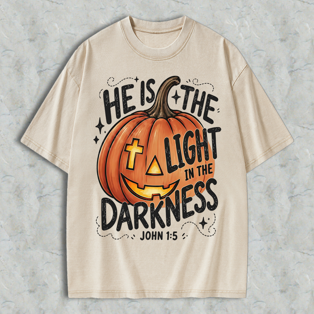 Pumpkin Graphic T-Shirt With Quote He Is The Light In The Darkness, Vintage Washed Tee