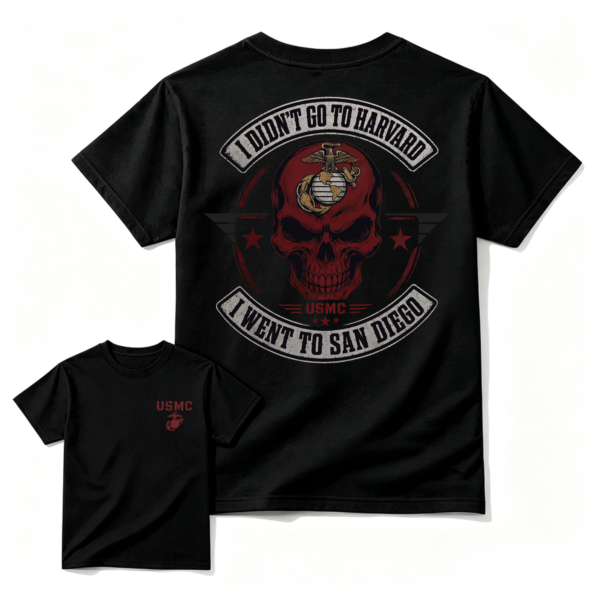 Men's USMC San Diego Marine Corps Graphic T-Shirt - Streetwear Apparel,  Front & Back Skull Design, Veteran Gift
