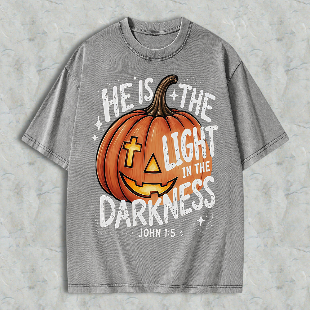 Pumpkin Graphic T-Shirt With Quote He Is The Light In The Darkness, Vintage Washed Tee