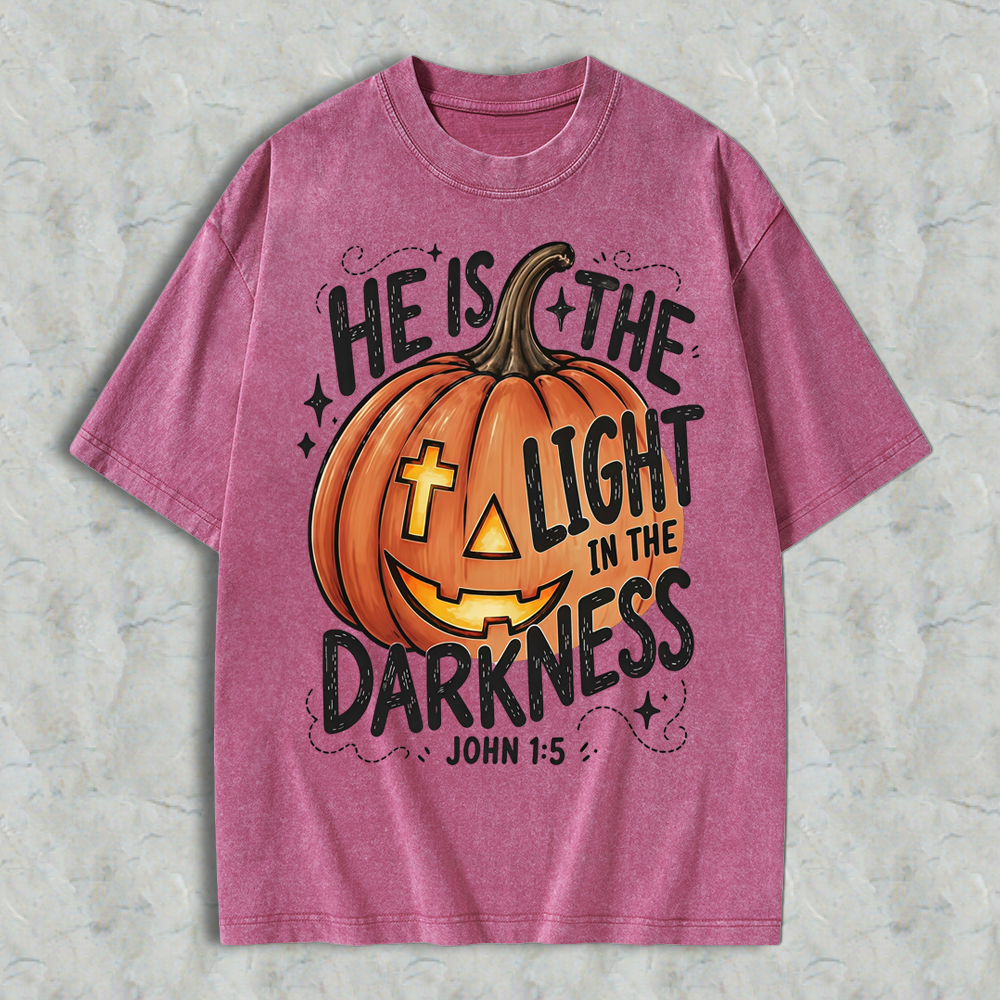 Pumpkin Graphic T-Shirt With Quote He Is The Light In The Darkness, Vintage Washed Tee