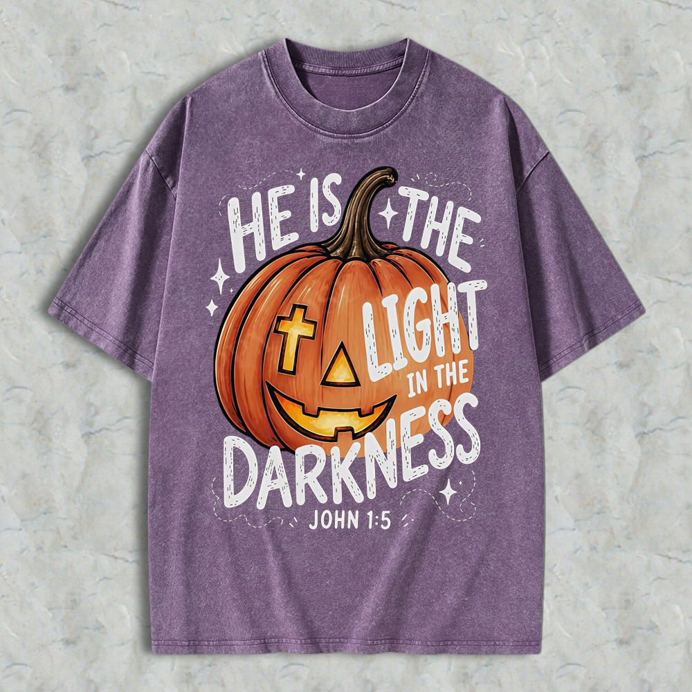 Pumpkin Graphic T-Shirt With Quote He Is The Light In The Darkness, Vintage Washed Tee