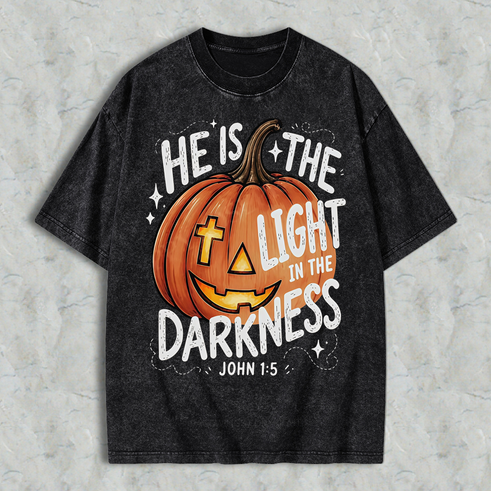 Pumpkin Graphic T-Shirt With Quote He Is The Light In The Darkness, Vintage Washed Tee