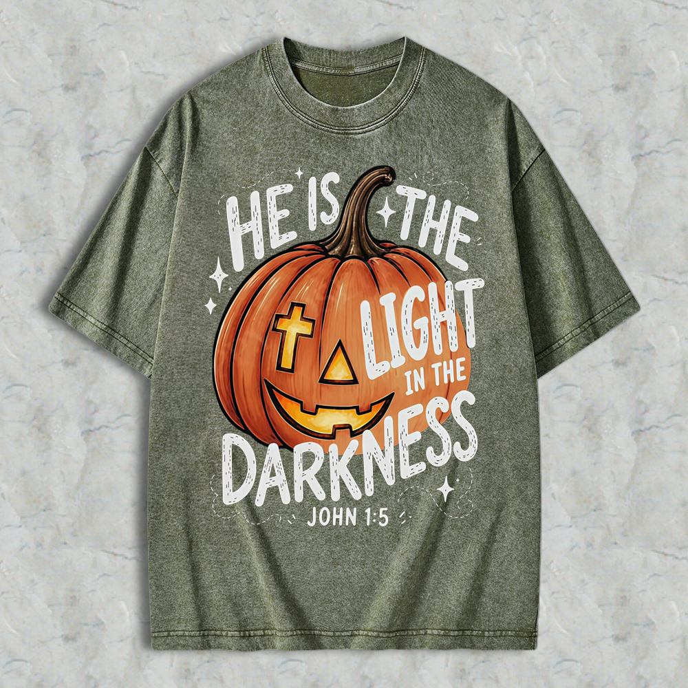 Pumpkin Graphic T-Shirt With Quote He Is The Light In The Darkness, Vintage Washed Tee