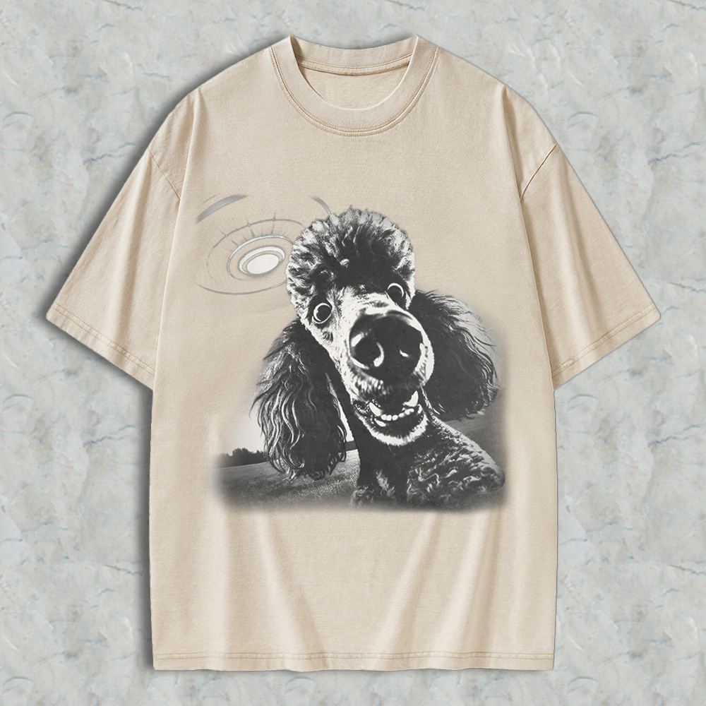 Funny Poodle Dog With Ufo Alien Spaceship Graphic Washed T-shirt