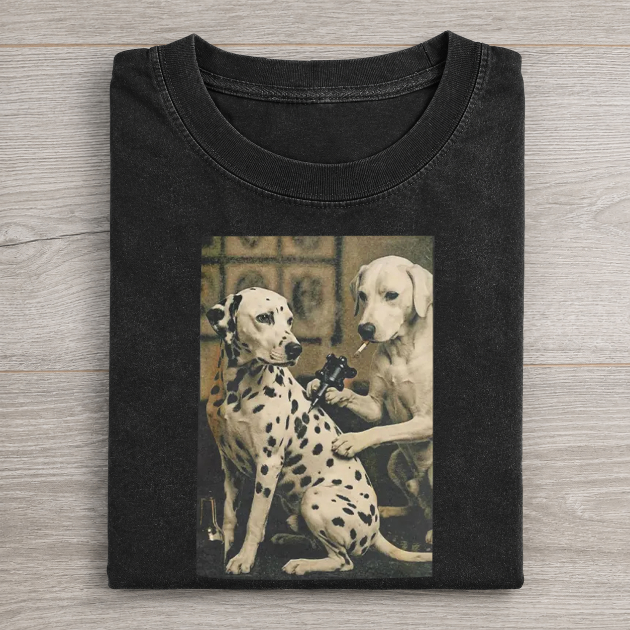 Dalmatian And Yorkshire Terrier Holding Gun And Cigar Vintage Art Washed T-shirt