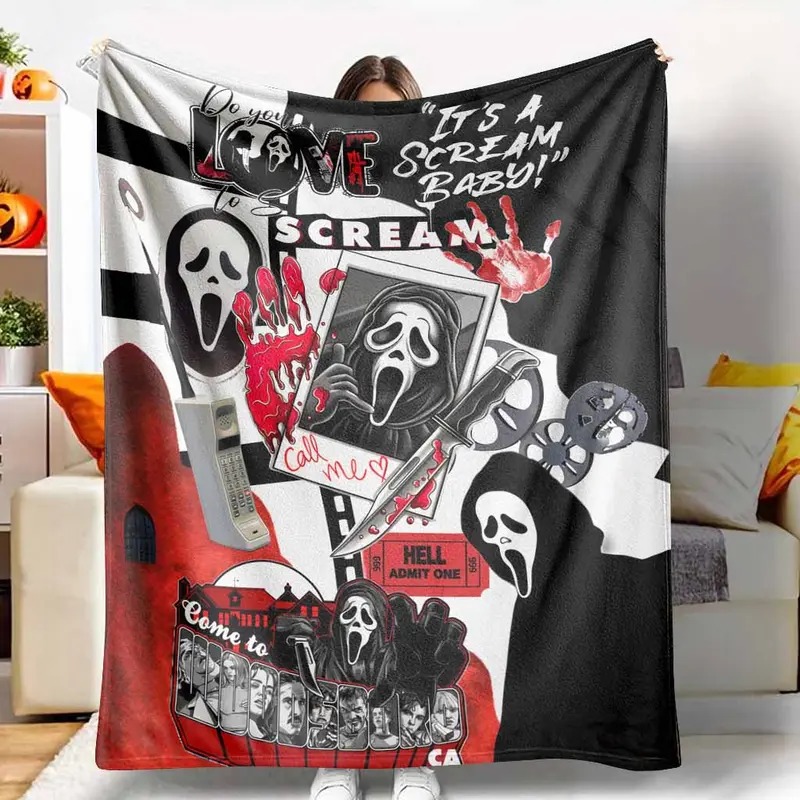 Spooky Ghost Mask Flannel Blanket Ultra Soft Anti-Pilling Halloween Decor Travel Throw  