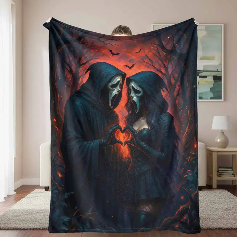 Hooded Lovers Flannel Blanket, Gothic Romance Print, Soft Cozy Lightweight All Season Body-Warming Dark Decorative Blanket for Sofa