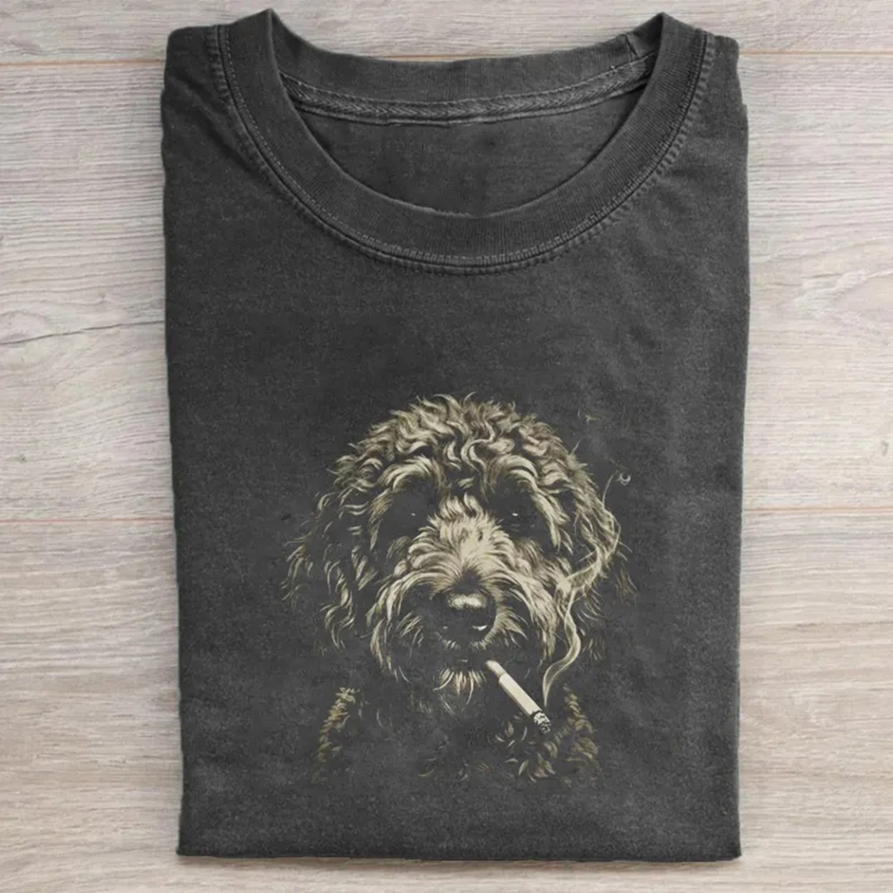 Funny Curly Dog Smoking Cigarette Vintage Art Washed T-shirt