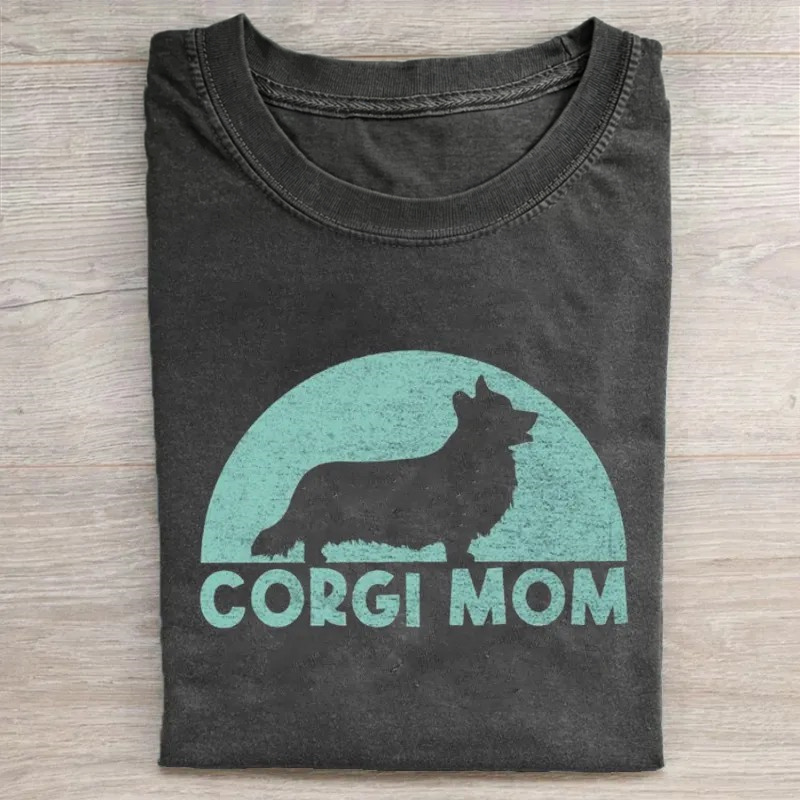 Corgi Mom Silhouette Retro Sun Vintage Washed T-shirt