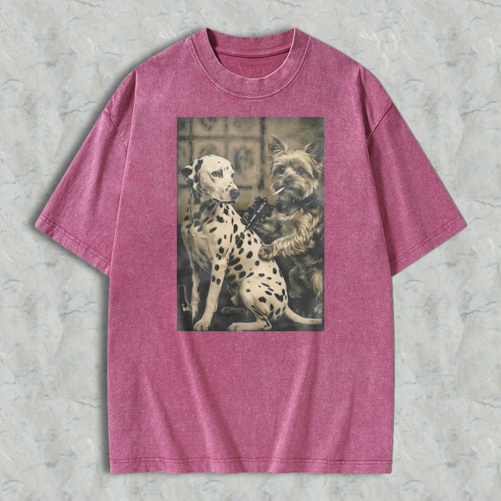 Dalmatian And Yorkshire Terrier Holding Gun And Cigar Vintage Art Washed T-shirt