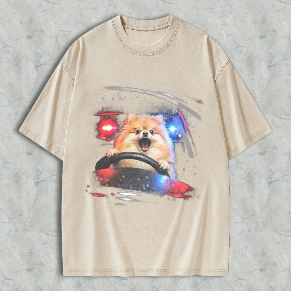 Funny Dog Driving Car With Police Lights Graphic Washed T-shirt