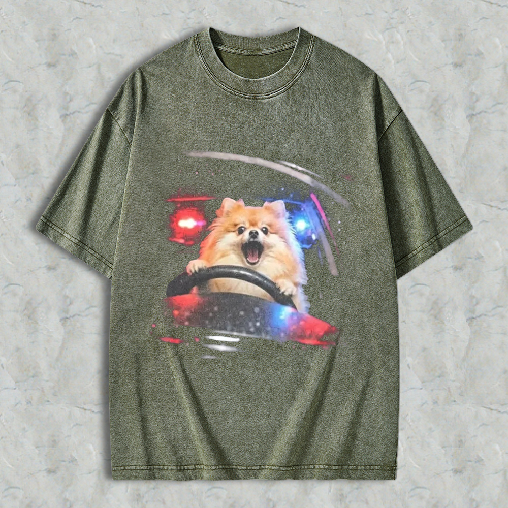 Funny Dog Driving Car With Police Lights Graphic Washed T-shirt