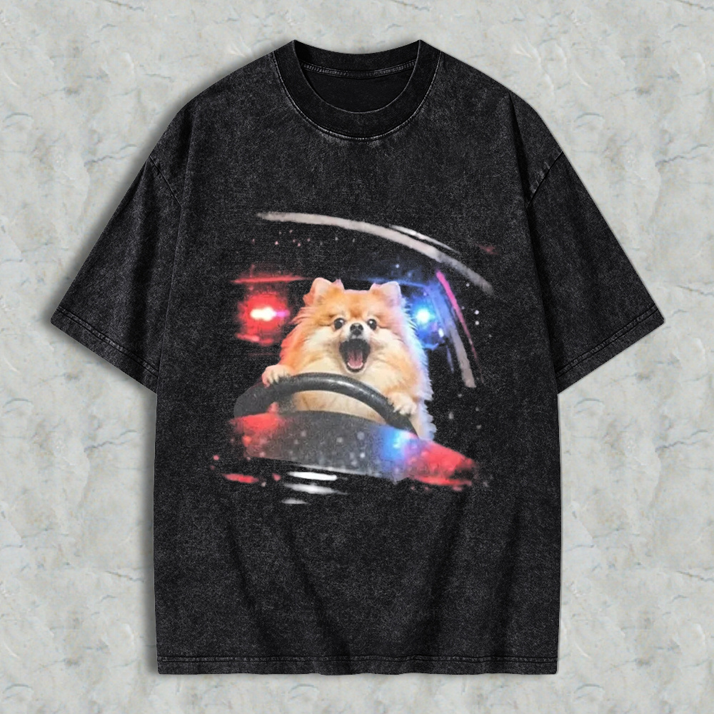 Funny Dog Driving Car With Police Lights Graphic Washed T-shirt