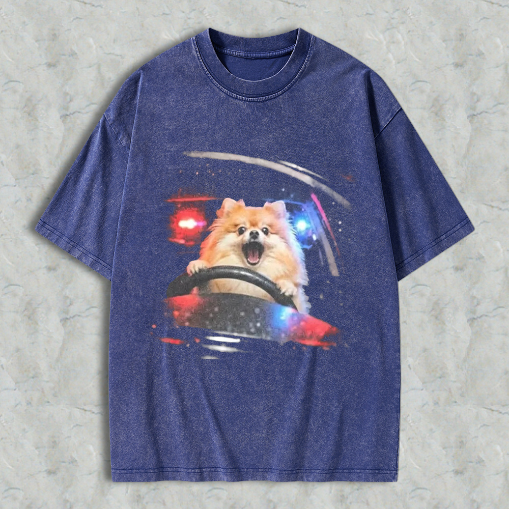 Funny Dog Driving Car With Police Lights Graphic Washed T-shirt