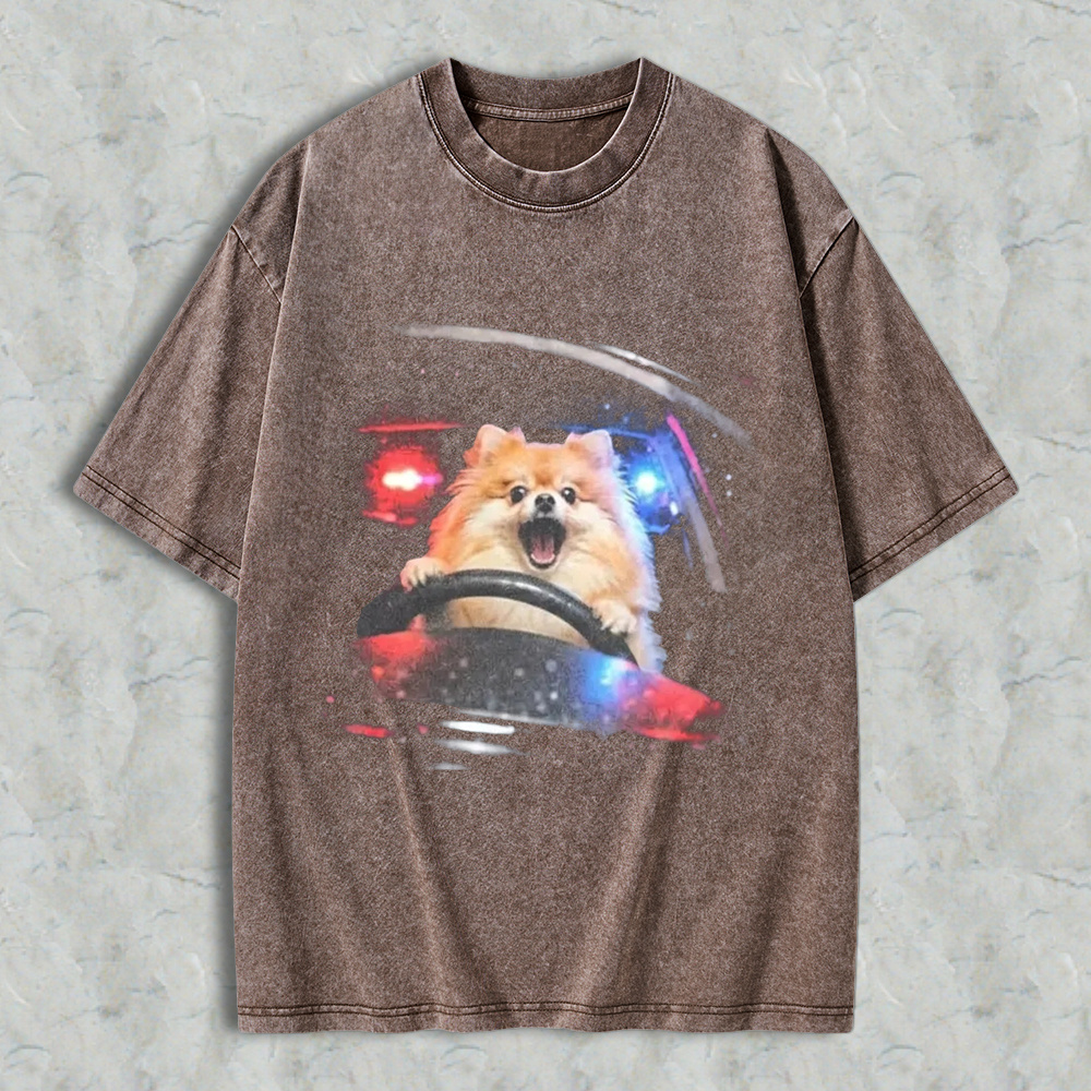 Funny Dog Driving Car With Police Lights Graphic Washed T-shirt