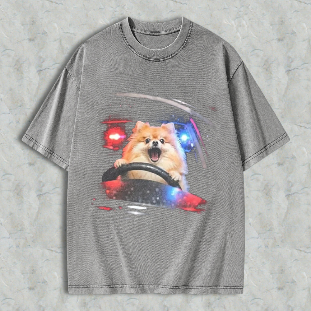 Funny Dog Driving Car With Police Lights Graphic Washed T-shirt