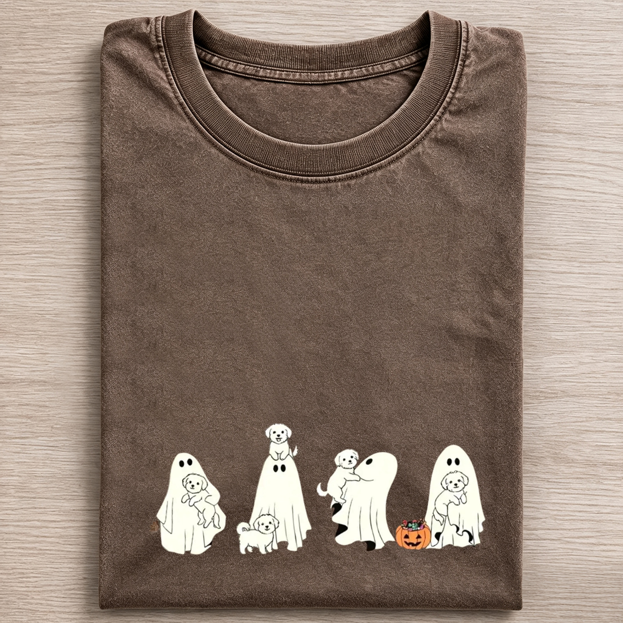 Playful Maltipoo Puppies With Ghost Pumpkin Halloween Design Washed T‑Shirt