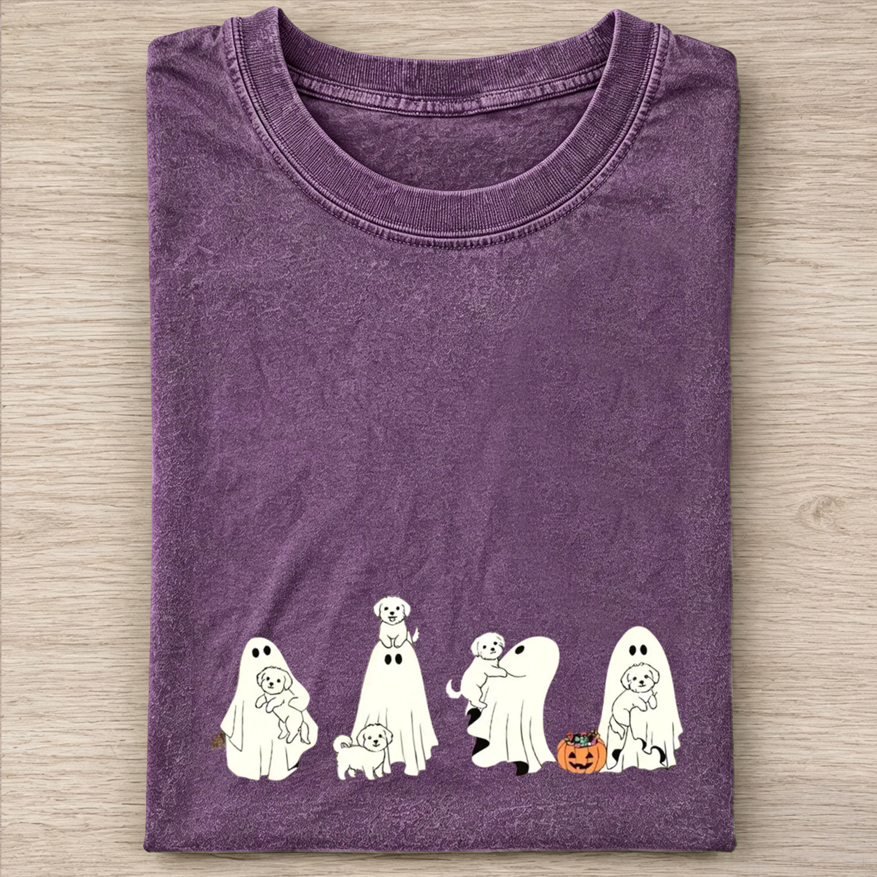 Playful Maltipoo Puppies With Ghost Pumpkin Halloween Design Washed T‑Shirt
