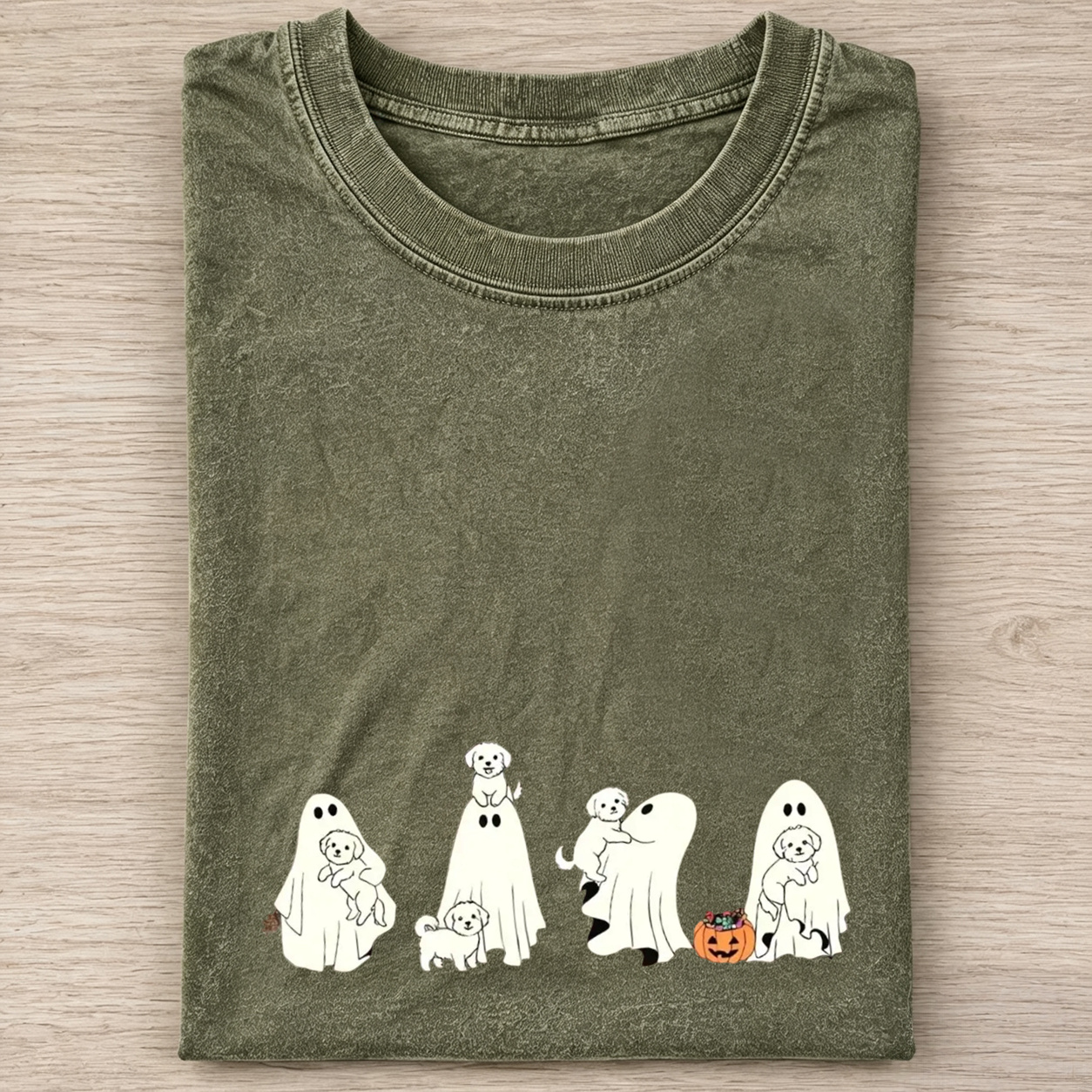 Playful Maltipoo Puppies With Ghost Pumpkin Halloween Design Washed T‑Shirt