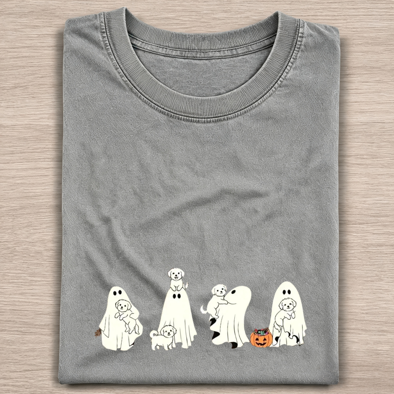 Playful Maltipoo Puppies With Ghost Pumpkin Halloween Design Washed T‑Shirt