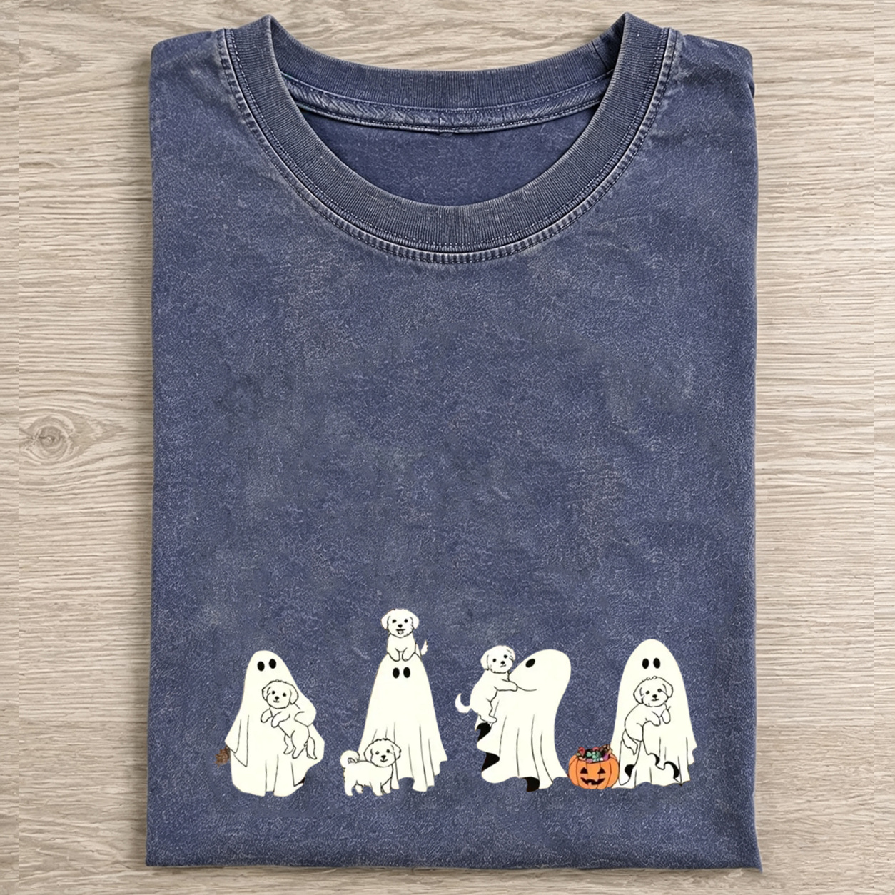 Playful Maltipoo Puppies With Ghost Pumpkin Halloween Design Washed T‑Shirt