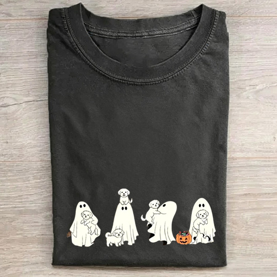 Playful Maltipoo Puppies With Ghost Pumpkin Halloween Design Washed T‑Shirt