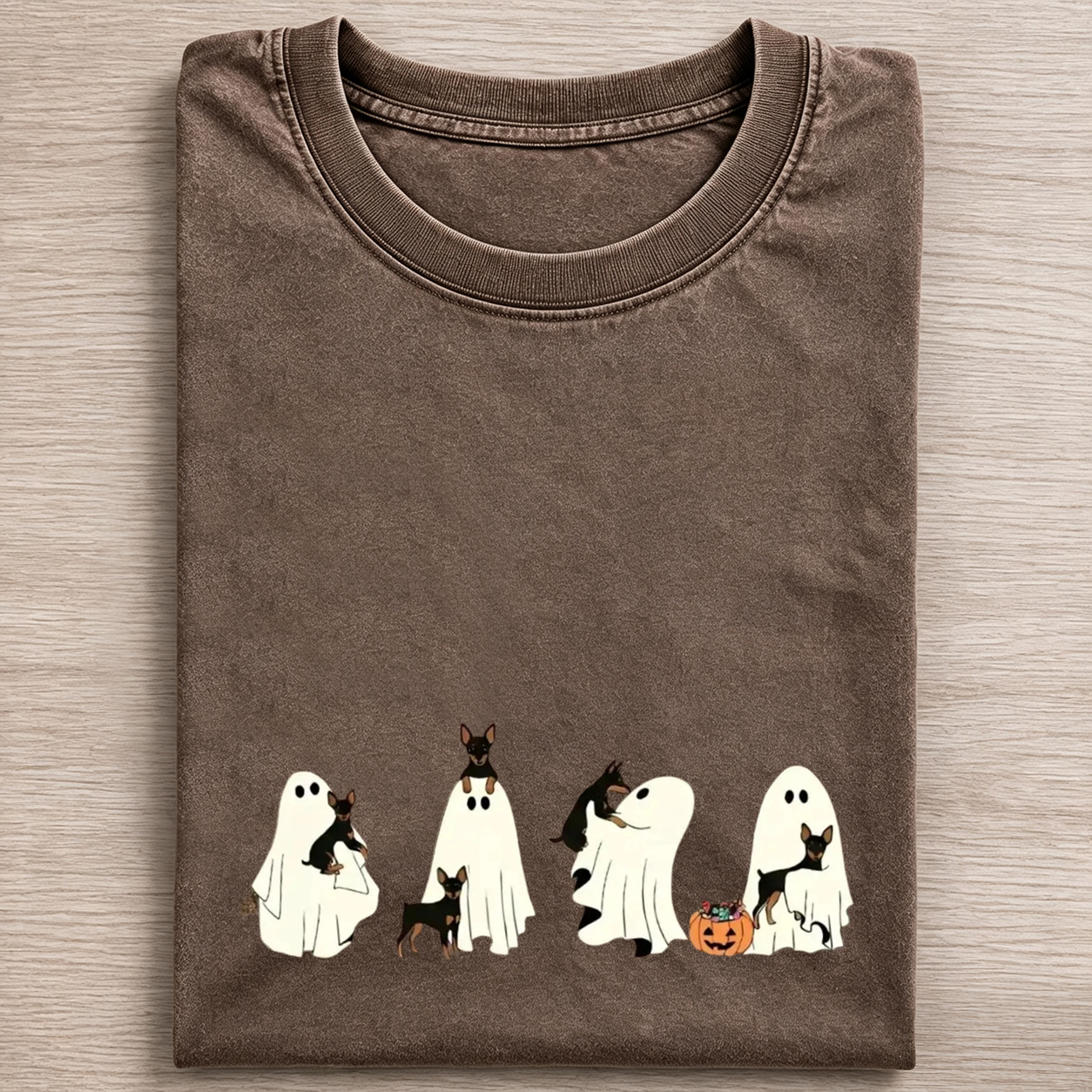Miniature Pinscher Puppy Ghost Trick Or Treat Halloween Graphic Washed T‑Shirt