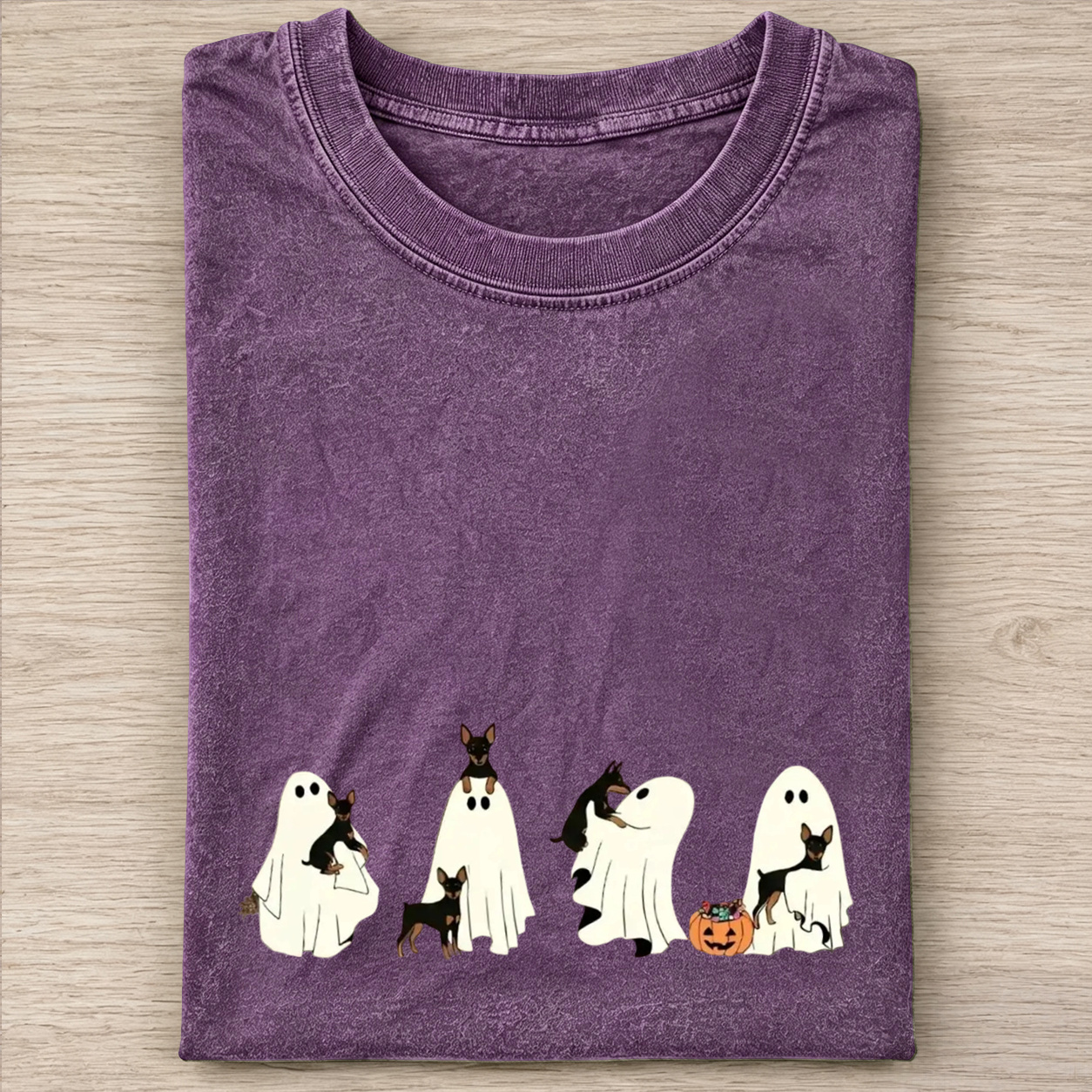Miniature Pinscher Puppy Ghost Trick Or Treat Halloween Graphic Washed T‑Shirt