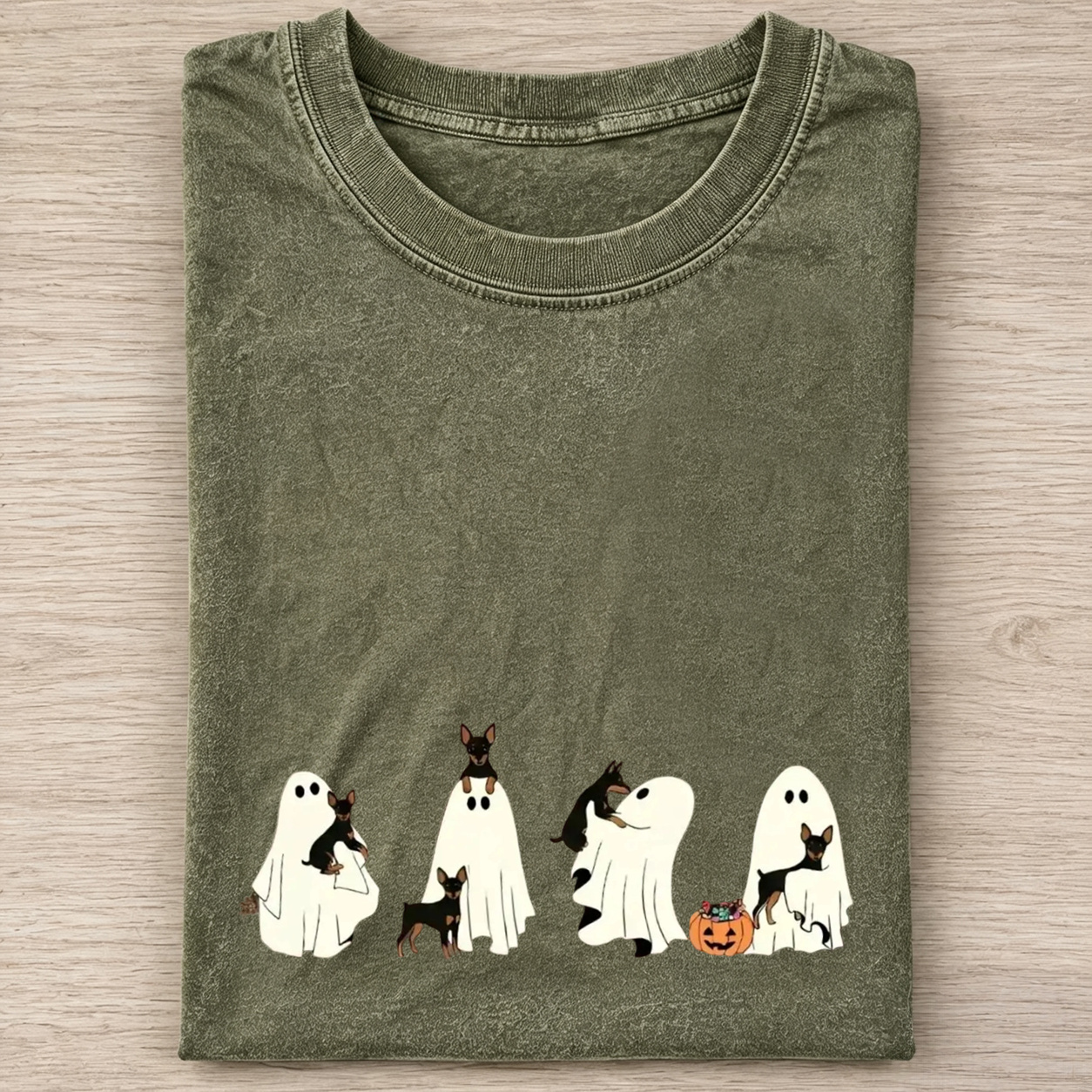 Miniature Pinscher Puppy Ghost Trick Or Treat Halloween Graphic Washed T‑Shirt