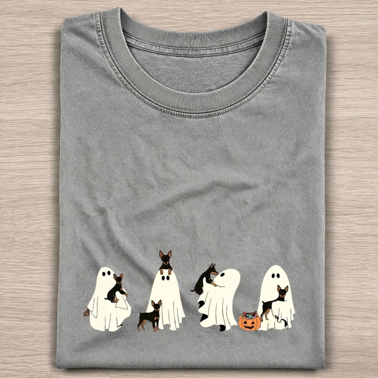Miniature Pinscher Puppy Ghost Trick Or Treat Halloween Graphic Washed T‑Shirt
