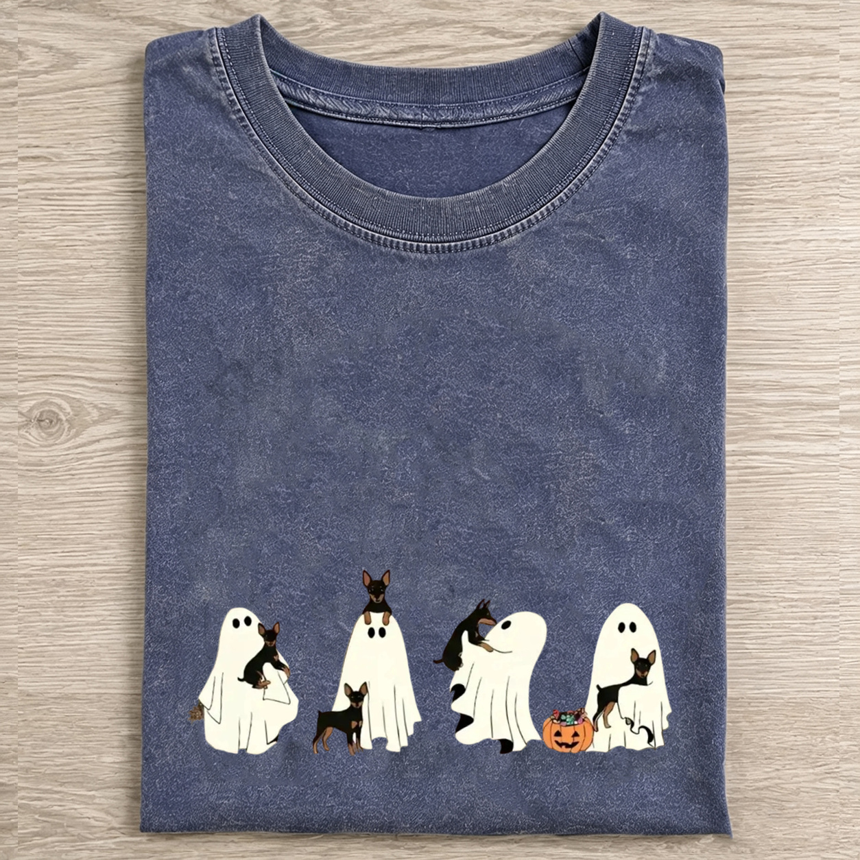 Miniature Pinscher Puppy Ghost Trick Or Treat Halloween Graphic Washed T‑Shirt