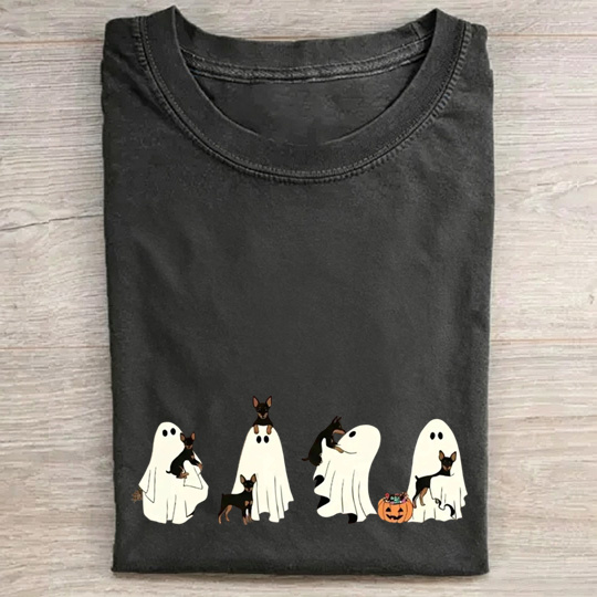 Miniature Pinscher Puppy Ghost Trick Or Treat Halloween Graphic Washed T‑Shirt