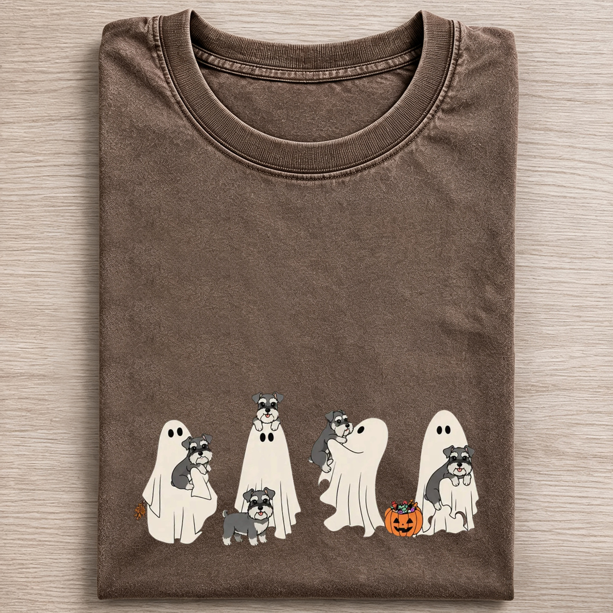 Miniature Schnauzer Puppy Ghost Trick Or Treat Halloween Graphic Washed T‑Shirt