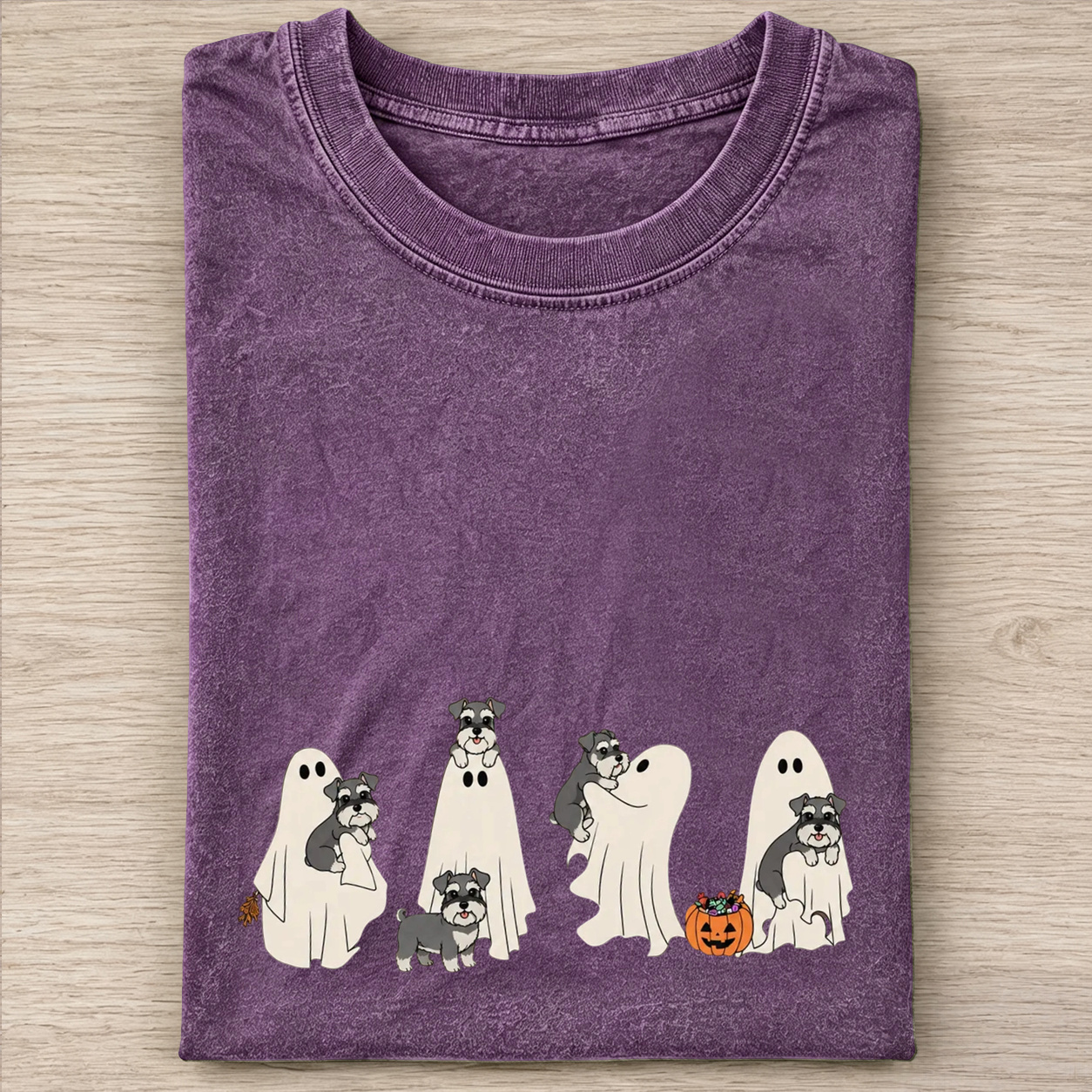 Miniature Schnauzer Puppy Ghost Trick Or Treat Halloween Graphic Washed T‑Shirt