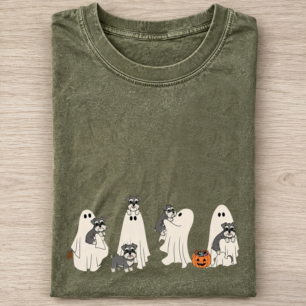 Miniature Schnauzer Puppy Ghost Trick Or Treat Halloween Graphic Washed T‑Shirt