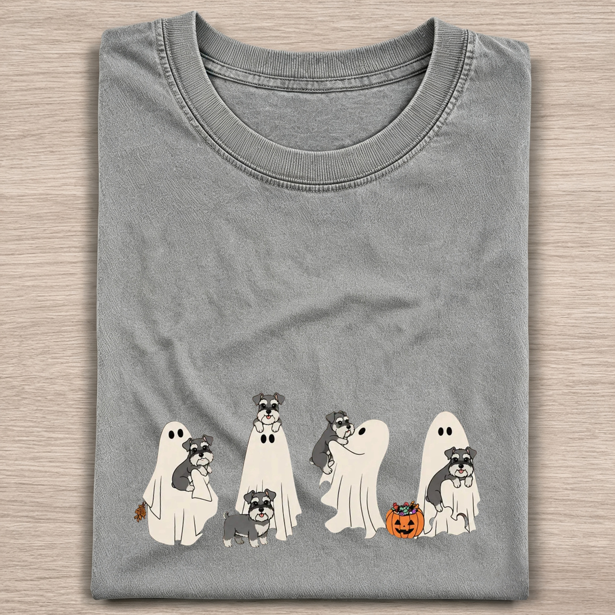 Miniature Schnauzer Puppy Ghost Trick Or Treat Halloween Graphic Washed T‑Shirt