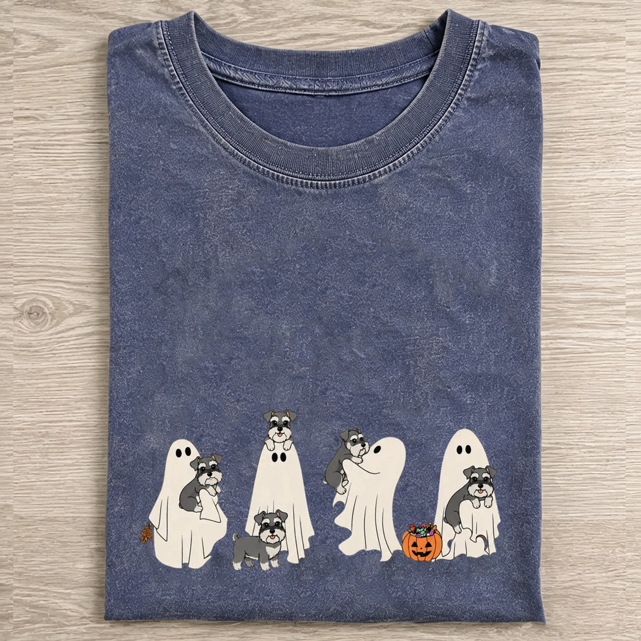 Miniature Schnauzer Puppy Ghost Trick Or Treat Halloween Graphic Washed T‑Shirt