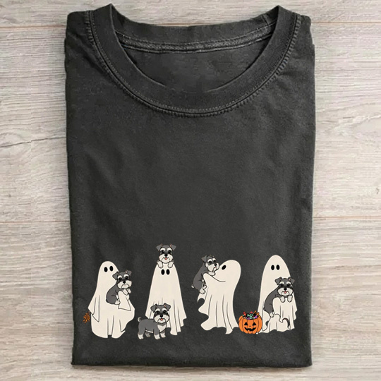 Miniature Schnauzer Puppy Ghost Trick Or Treat Halloween Graphic Washed T‑Shirt