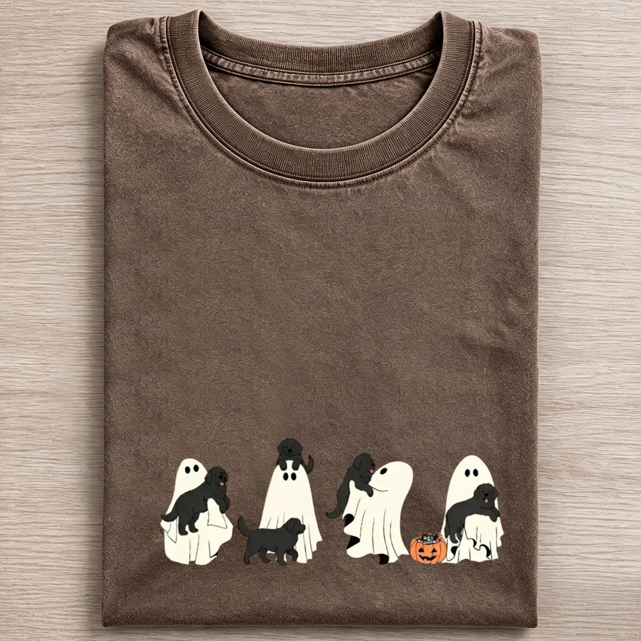 Playful Flat Coated Retriever Puppies With Ghost Pumpkin Halloween Design Washed T‑Shirt