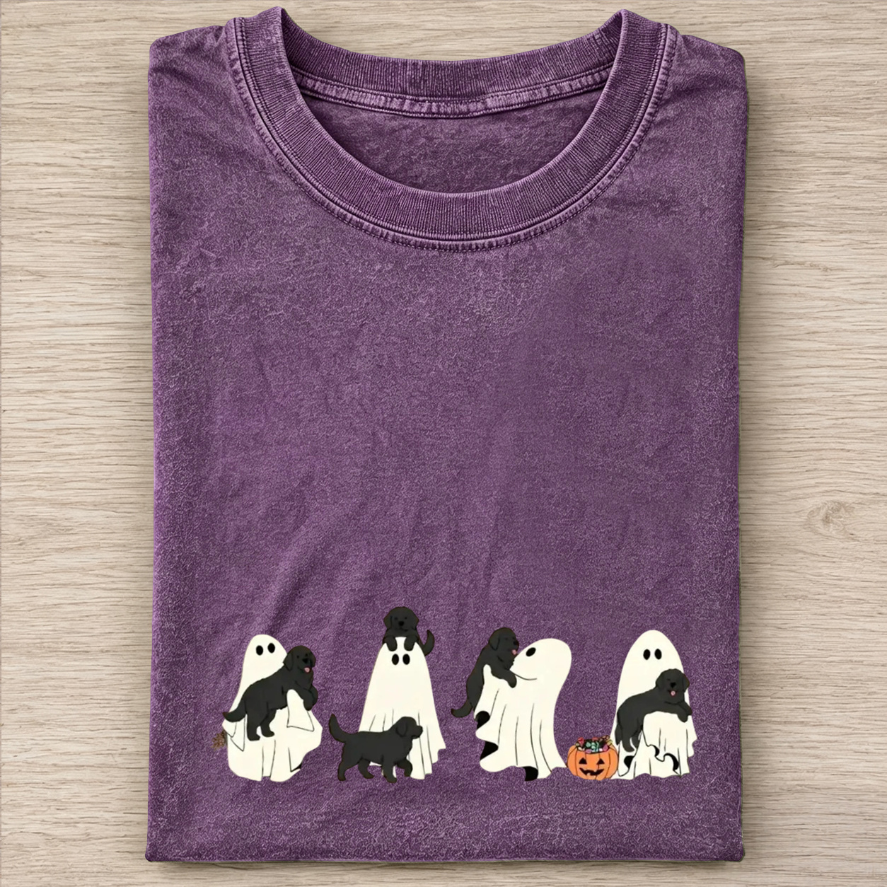 Playful Flat Coated Retriever Puppies With Ghost Pumpkin Halloween Design Washed T‑Shirt