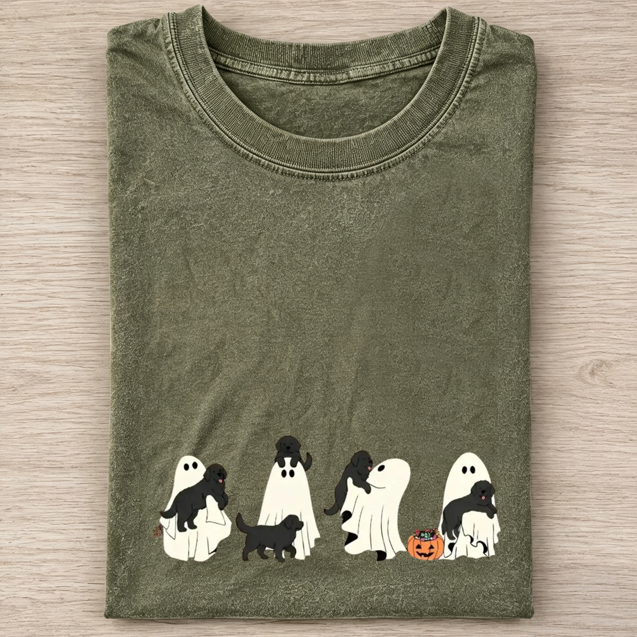 Playful Flat Coated Retriever Puppies With Ghost Pumpkin Halloween Design Washed T‑Shirt