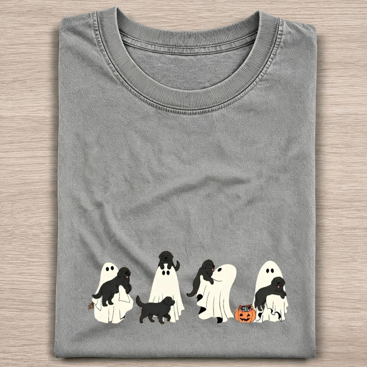 Playful Flat Coated Retriever Puppies With Ghost Pumpkin Halloween Design Washed T‑Shirt