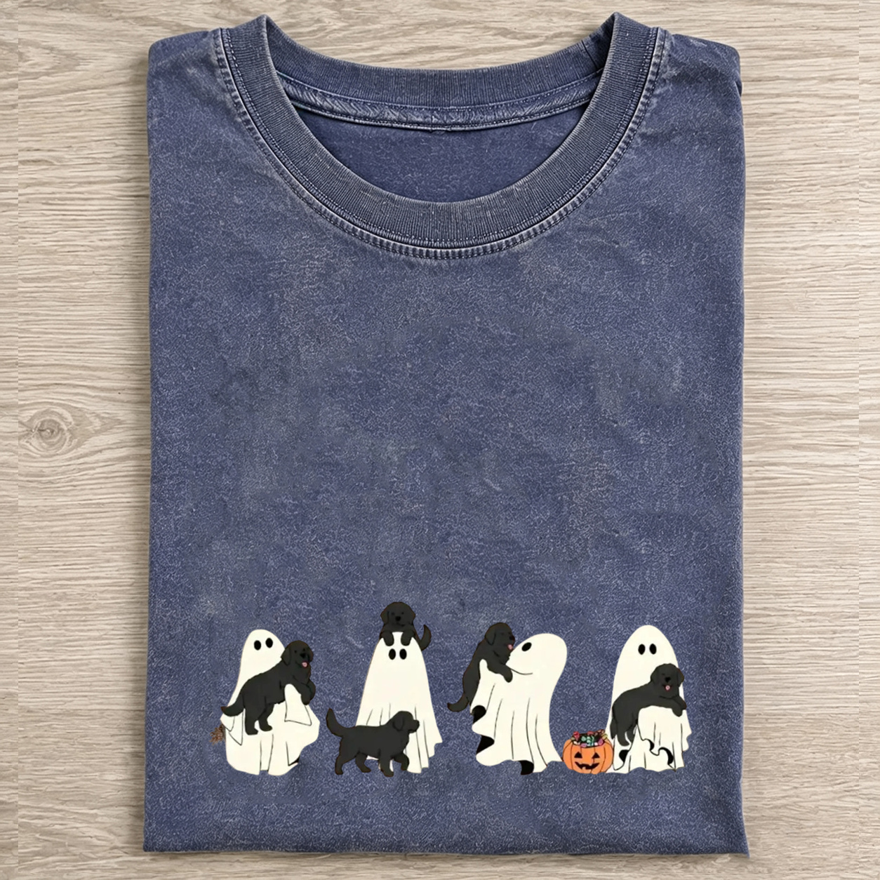 Playful Flat Coated Retriever Puppies With Ghost Pumpkin Halloween Design Washed T‑Shirt