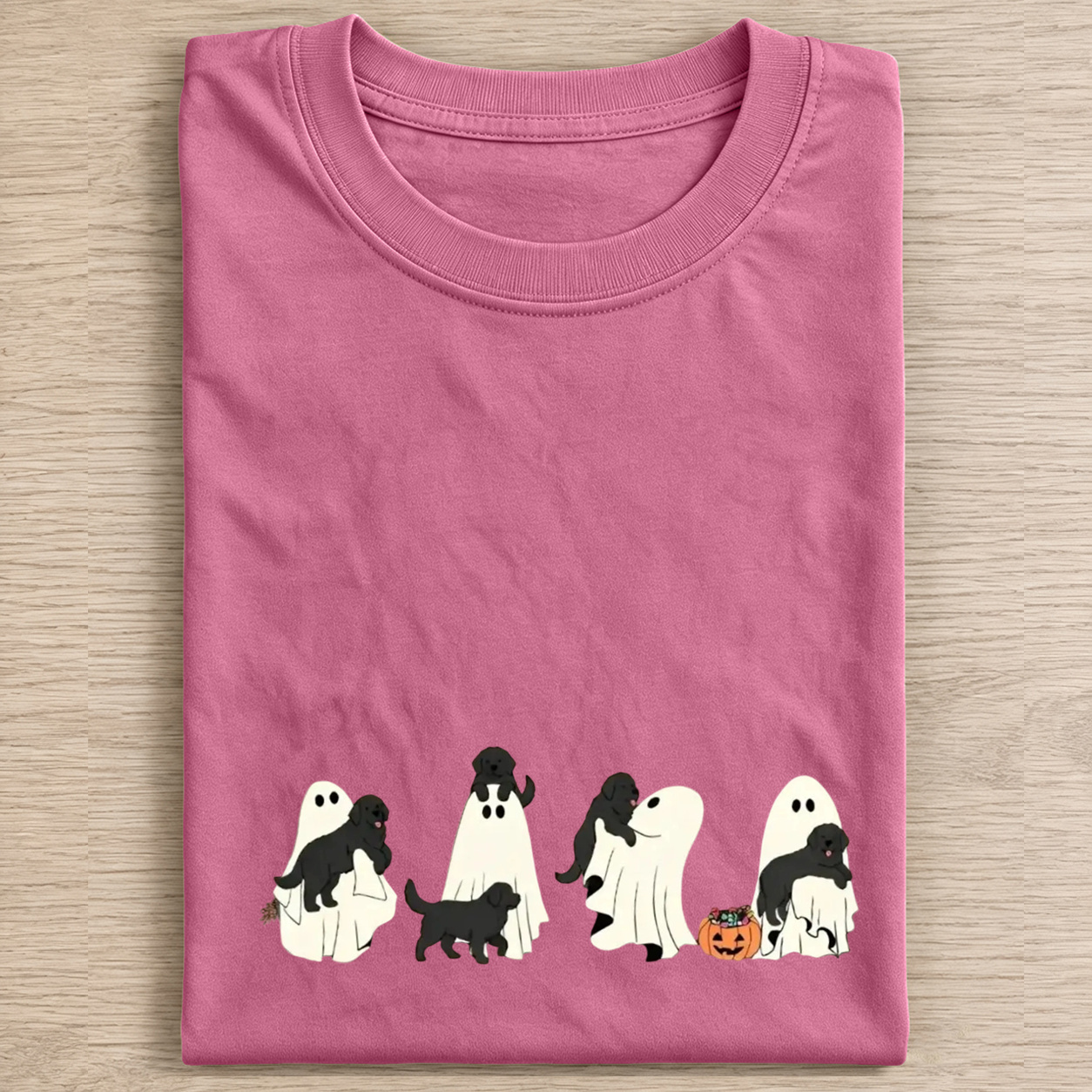 Playful Flat Coated Retriever Puppies With Ghost Pumpkin Halloween Design Washed T‑Shirt