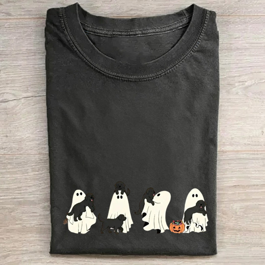 Playful Flat Coated Retriever Puppies With Ghost Pumpkin Halloween Design Washed T‑Shirt