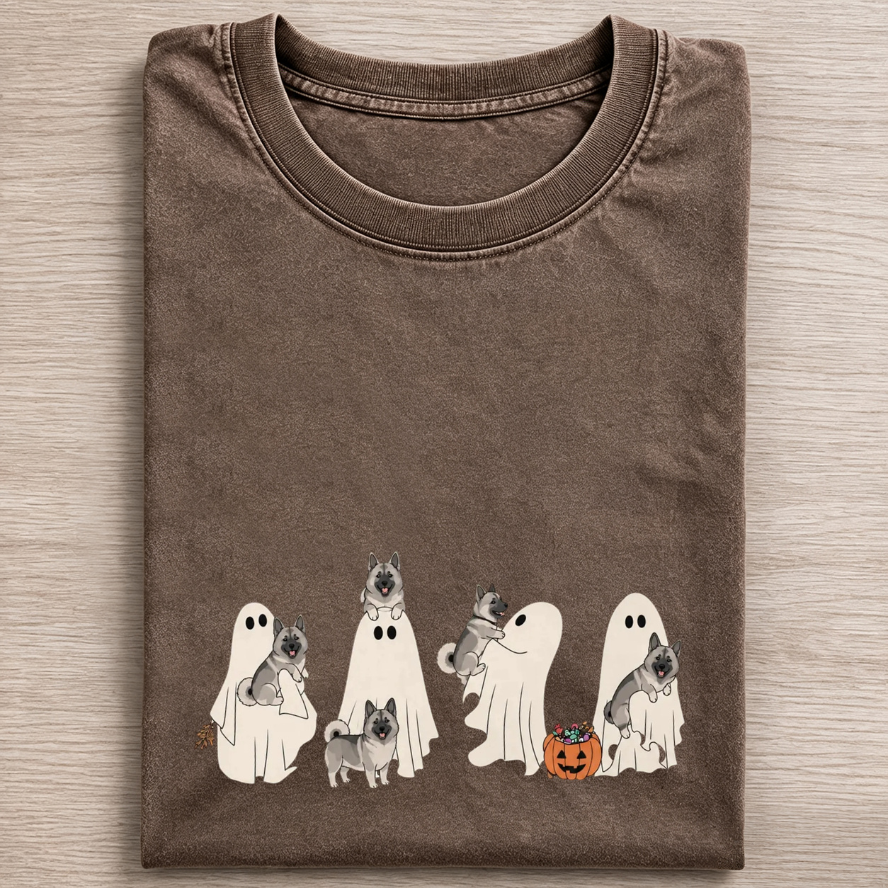 Playful Norwegian Elkhound Puppies With Ghost Pumpkin Halloween Design Washed T‑Shirt