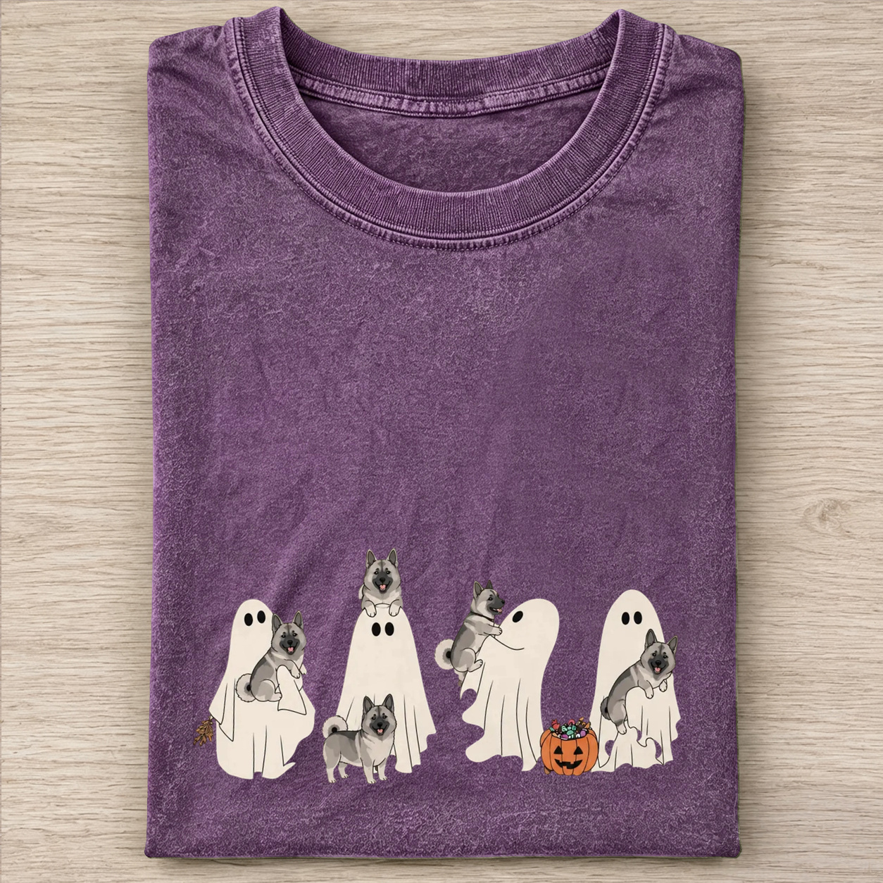 Playful Norwegian Elkhound Puppies With Ghost Pumpkin Halloween Design Washed T‑Shirt