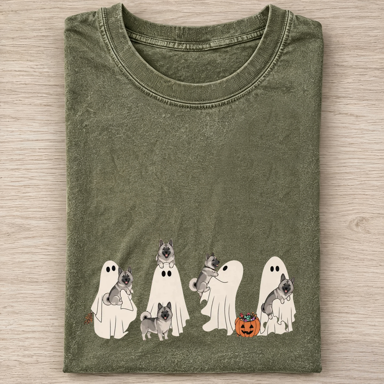 Playful Norwegian Elkhound Puppies With Ghost Pumpkin Halloween Design Washed T‑Shirt